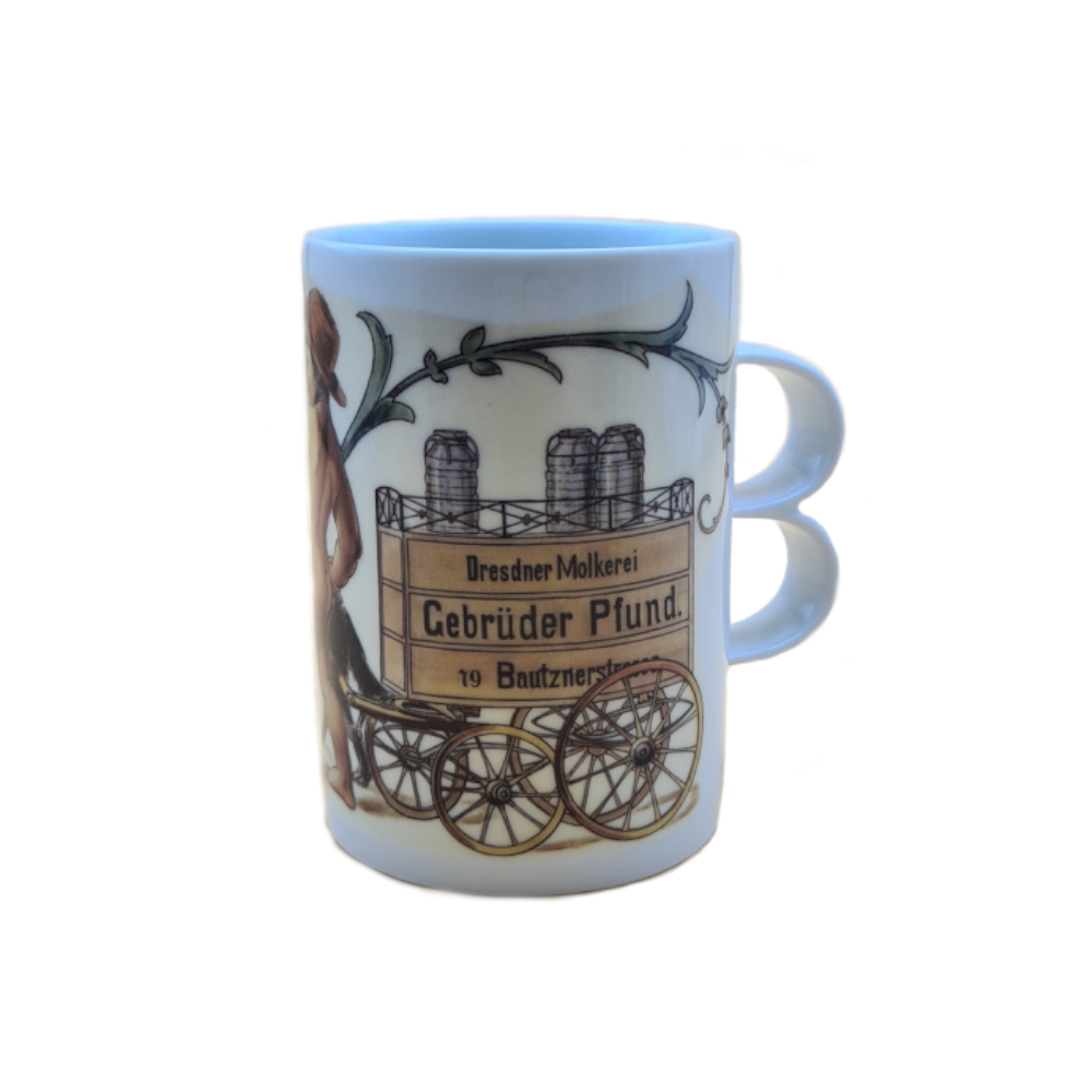 Pfunds Tasse mit dem Motiv "Hundewagen" - Ansicht von rechts