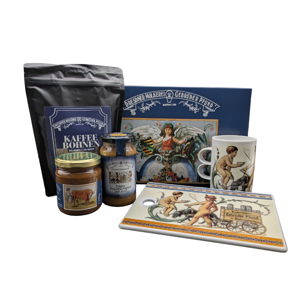 Frühstücks-Set mit Geschenkkarton, Tüte Kaffee, Glas Karamellcreme, Glas fruchtaufstrich, Tasse und Porzellanbrettchen