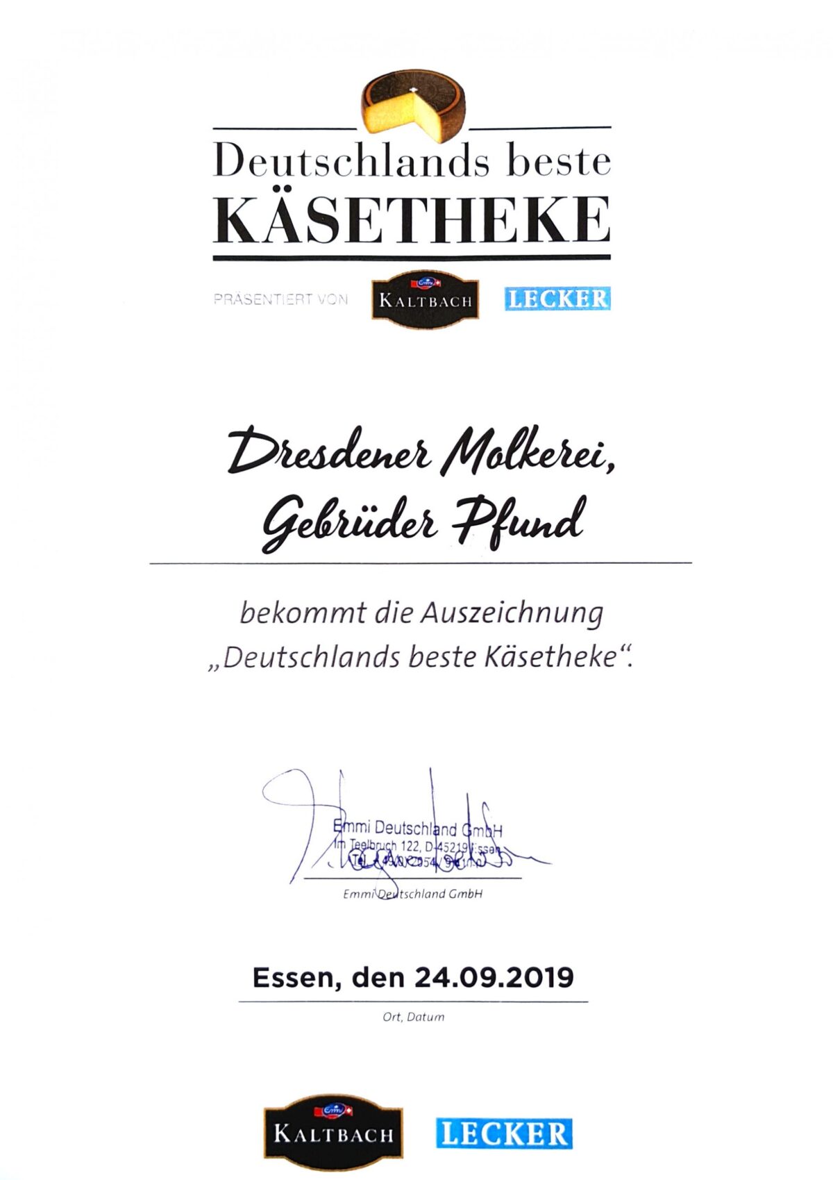 Urkunde "Deutschlands beste Käsetheke"