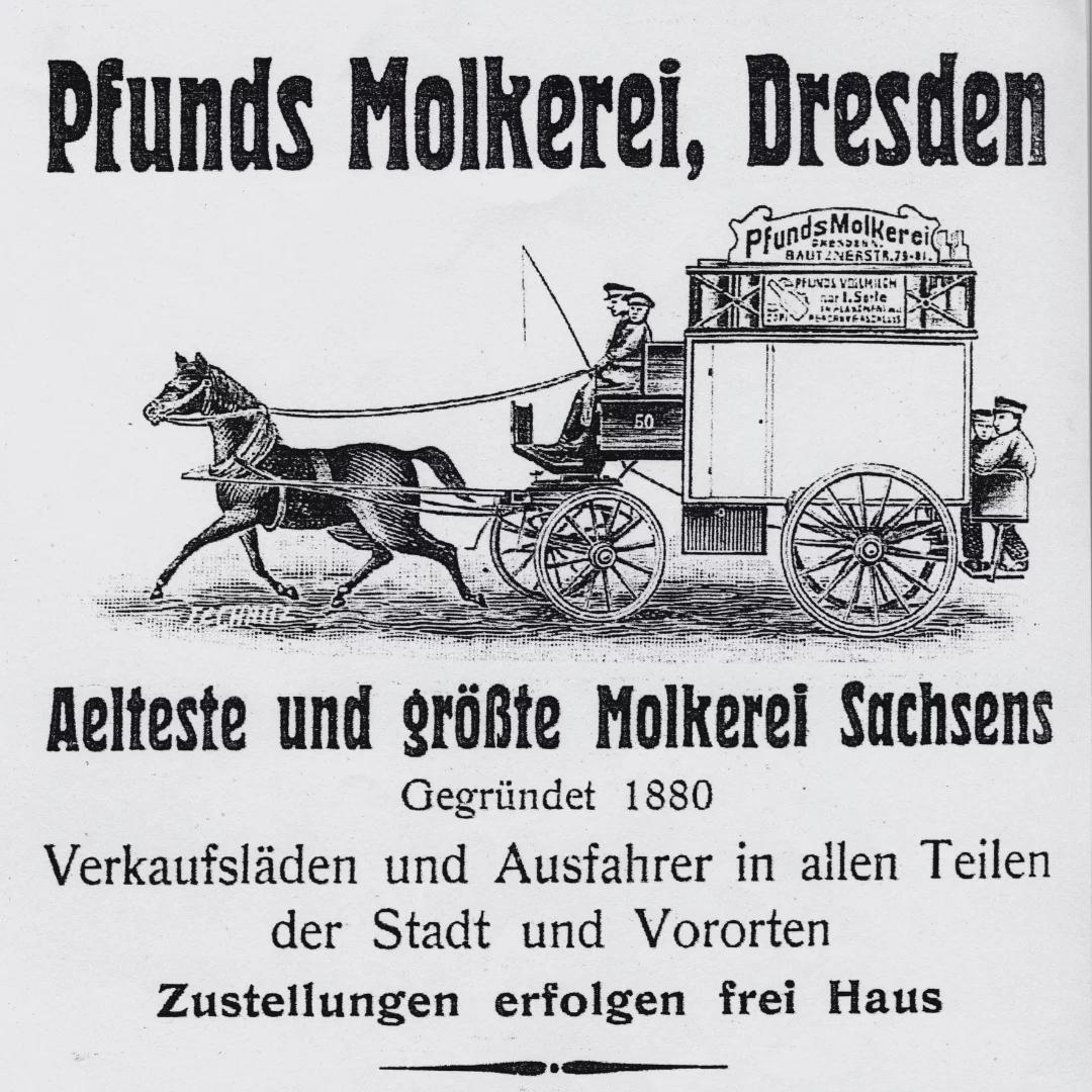 Reklame für die Auslieferung von Milch der Pfunds Molkerei.